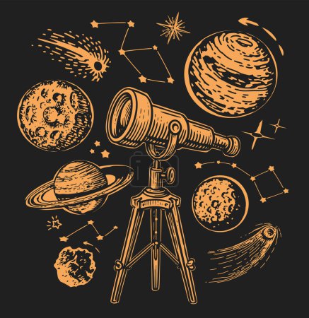 Ilustración de Telescopio para observar planetas y estrellas. Galaxy, concepto del espacio exterior. Ilustración vectorial - Imagen libre de derechos