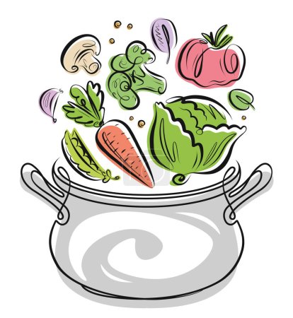 Ilustración de Cocinar cacerola o olla de cocina. Utensilios de cocina con y verduras volando. Ilustración vectorial - Imagen libre de derechos