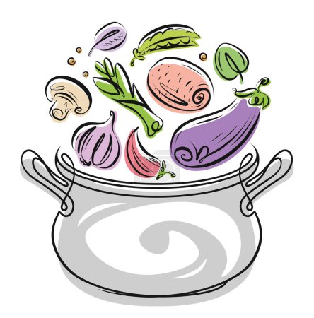Téléchargez les illustrations : Ingrédients de cuisson des aliments dans une casserole. Légumes frais de ferme et pot de cuisine. Illustration vectorielle - en licence libre de droit