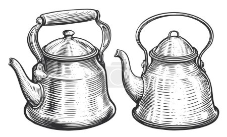 Illustration for Traditional stainless steel retro teapot with handle. Hand drawn sketch vintage vector illustration - Royalty Free Image