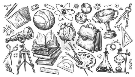 Illustration for Set of school supplies. Vector illustration in hand drawn doodle style. Back to school, concept - Royalty Free Image