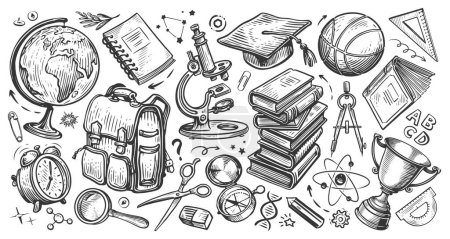 Illustration for School concept. Collection of education items. Hand drawn sketch doodle vector illustration - Royalty Free Image