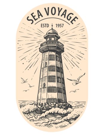 Illustration for Old tower lighthouse shines on an island washed by sea waves. Beacon vintage sketch vector illustration engraving style - Royalty Free Image
