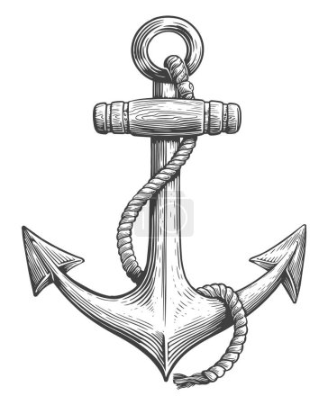 Téléchargez les illustrations : Ancrage marin vintage avec une corde. Illustration vectorielle dessinée à la main en style gravure - en licence libre de droit