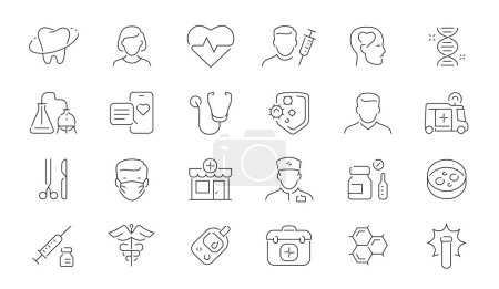 Ilustración de Conjunto de iconos de atención médica y línea médica. Concepto del hospital esboza la colección de símbolos para aplicación web - Imagen libre de derechos