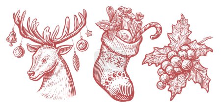 Téléchargez les illustrations : Cerf avec décorations de Noël, chaussette avec cadeaux, baies de houx. Style de gravure d'illustration vectorielle de croquis vintage - en licence libre de droit