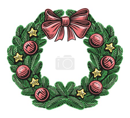 Ilustración de Corona de Navidad con ramas de abeto, bolas y arco aislado. Ilustración vectorial símbolo vacaciones - Imagen libre de derechos