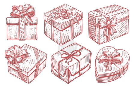 Illustration for Set of Christmas gifts, holiday gift boxes with ribbons, New Year presents. Vintage sketch vector illustration - Royalty Free Image