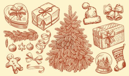 Ilustración de Concepto de Navidad. Objetos retro dibujados a mano para decoración navideña. Ilustración vectorial boceto Vintage - Imagen libre de derechos
