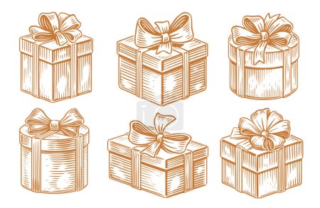 Illustration for Gift box with ribbon bow. Holiday surprise in sketch style. Vintage vector illustration - Royalty Free Image
