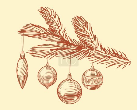 Ilustración de Bolas de Navidad colgando de una rama de abeto. Decoraciones de vacaciones bosquejo vintage vector ilustración - Imagen libre de derechos