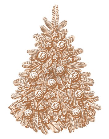 Ilustración de Abeto dibujado a mano decorado con luces y bolas en estilo retro. Feliz Navidad y Feliz Año Nuevo - Imagen libre de derechos