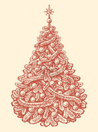 Illustration for Hand drawn fir tree decorated with tinsel and balls in vintage style. Merry Christmas and Happy New Year - Royalty Free Image