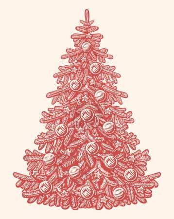 Illustration for Fir tree decorated with lights and balls in retro style. Merry Christmas and Happy New Year. Hand drawn sketch vector - Royalty Free Image