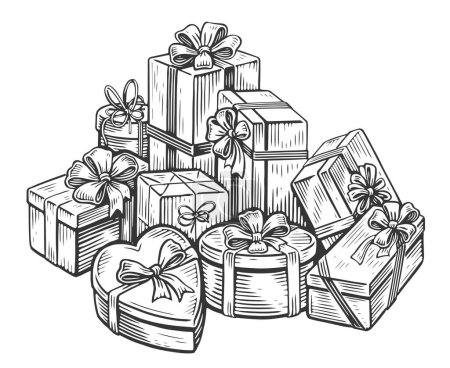 Illustration for Big pile of gift boxes in festive wrapping paper with ribbon and bows. Holiday and Christmas Gifts. Sketch vector - Royalty Free Image
