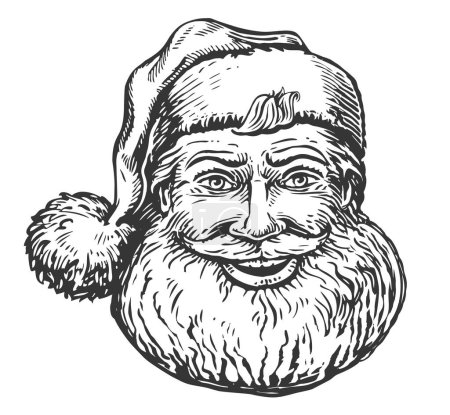Téléchargez les illustrations : Souriant mignon Père Noël en chapeau à la main dessiné dans un style esquissé. Symbole de Noël illustration vectorielle vintage - en licence libre de droit