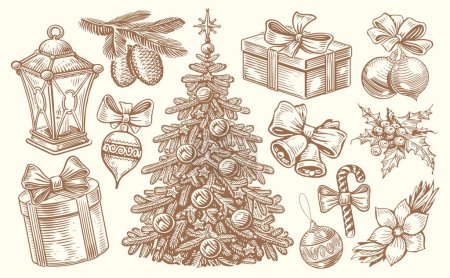 Illustration for Christmas, New Year set of retro objects in sketch style. Vintage hand drawn winter holiday concept vector illustration - Royalty Free Image