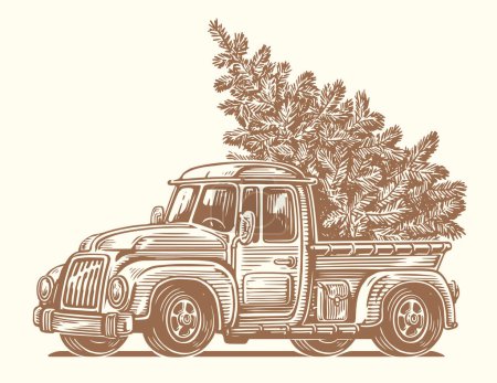 Illustration for Retro truck and Christmas tree in the back of a car. Happy holidays sketch vector illustration - Royalty Free Image