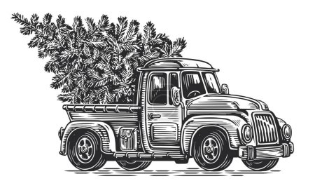 Téléchargez les illustrations : Camion de ferme rétro dessiné à la main avec arbre de Noël. Esquisse vintage vectoriel illustration gravure style - en licence libre de droit