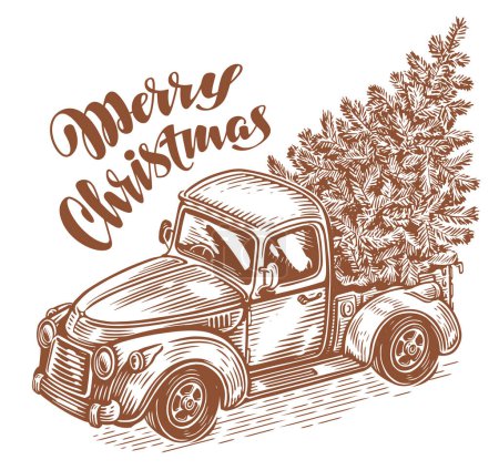 Illustration for Hand drawn retro truck and Christmas tree in the back of a car. Happy holidays sketch vector illustration - Royalty Free Image