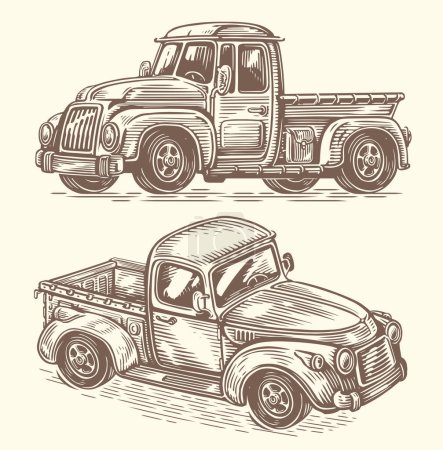 Téléchargez les illustrations : Camionnette de fermier vintage. Illustration vectorielle. Style de croquis de véhicule de transport rétro - en licence libre de droit