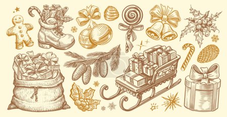 Illustration for Christmas, New Year set of retro objects. Happy holidays concept in sketch style. Vintage hand drawn vector illustration - Royalty Free Image