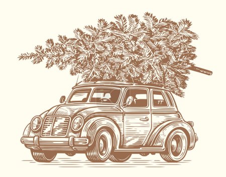 Illustration for Retro car with a Christmas tree on top. Illustration in sketch style. Hand drawn vector art - Royalty Free Image