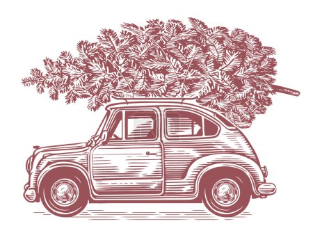 Illustration for Retro car with Christmas tree on top in sketch art style. Hand drawn vintage vector illustration - Royalty Free Image