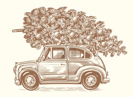 Illustration for Driving retro car with fir tree decorated with Christmas decorations. Hand drawn vintage sketch vector illustration - Royalty Free Image