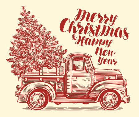 Illustration for Retro truck and fir tree with decorations in sketchy style. Merry Christmas and Happy New Year. Vector illustration - Royalty Free Image