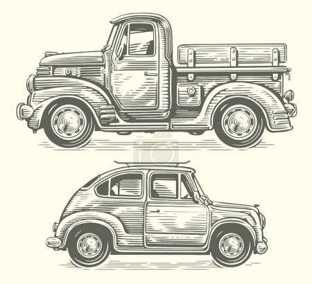 Illustration for Hand drawn retro truck and car in sketch style. Vintage transport vector illustration - Royalty Free Image