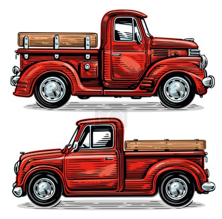 Téléchargez les illustrations : Illustration vectorielle de camion agricole rouge. Camionnette de fermier vintage. Style de croquis de véhicule de transport rétro - en licence libre de droit