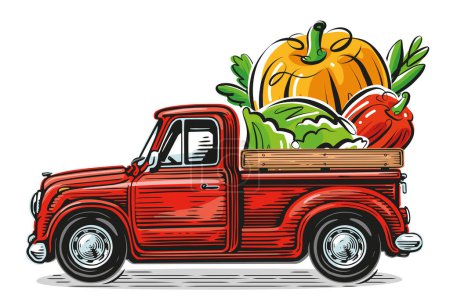 Téléchargez les illustrations : Camionnette rétro avec légumes frais. Livraison d'aliments biologiques de la ferme. Illustration vectorielle - en licence libre de droit