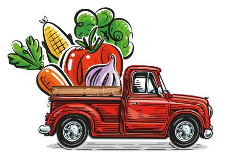 Téléchargez les illustrations : Camion rouge rétro avec légumes bio frais. Livraison d'aliments naturels sains de la ferme. Illustration vectorielle - en licence libre de droit
