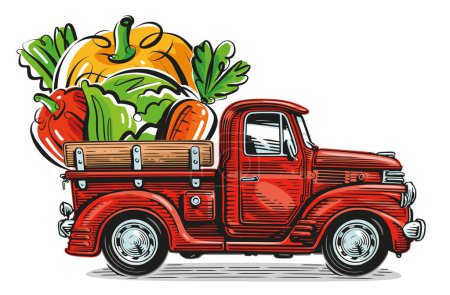 Ilustración de Camioneta retro granja y verduras frescas orgánicas. Ilustración natural del vector alimenticio saludable - Imagen libre de derechos