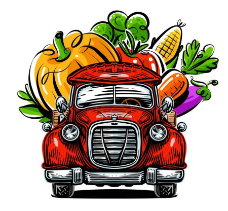 Ilustración de Camioneta retro y verduras frescas. Granja de alimentos orgánicos frescos, ilustración vectorial - Imagen libre de derechos