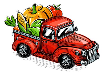 Ilustración de Camión de granja cargado de verduras frescas. Alimentación ecológica, ilustración vectorial - Imagen libre de derechos