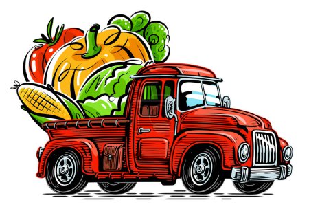 Ilustración de El granjero monta en un camión cargado de comida orgánica. Granja vector ilustración - Imagen libre de derechos