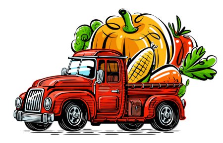 Téléchargez les illustrations : Camion rétro chargé avec des aliments de la ferme. Agriculture, produits biologiques illustration vectorielle - en licence libre de droit