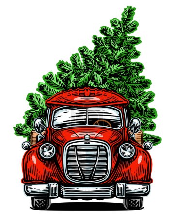 Illustration for Christmas tree in a red retro truck. Happy Holidays, vector illustration - Royalty Free Image