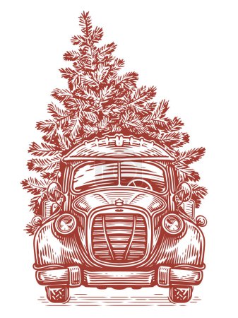 Illustration for Vintage pickup truck and Christmas tree. Hand drawn sketch vector illustration engraving style - Royalty Free Image