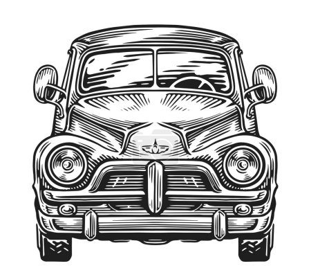 Illustration for Retro car, front view. Vintage land transport. Hand drawn sketch vector illustration - Royalty Free Image