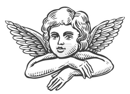 Téléchargez les illustrations : Petit ange, style gravure vintage. Bébé mignon avec des ailes, illustration vectorielle noir et blanc - en licence libre de droit