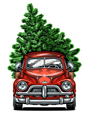 Illustration for Retro car carries the Christmas tree. Happy New Year and Merry Christmas. Hand drawn vector illustration - Royalty Free Image