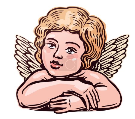 Téléchargez les illustrations : Joli petit ange aux ailes. Illustration vectorielle couleur dessinée à la main - en licence libre de droit