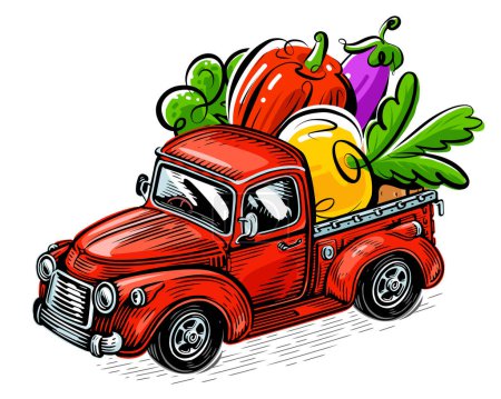 Téléchargez les illustrations : Camion de dessin animé transportant des légumes mûrs au marché fermier. Récolte d'automne. Transport d'aliments végétaliens biologiques - en licence libre de droit
