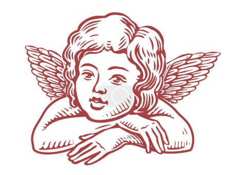 Ilustración de Lindo bebé con alas. Grabado estilo retro angelito. Ilustración vectorial en blanco y negro - Imagen libre de derechos