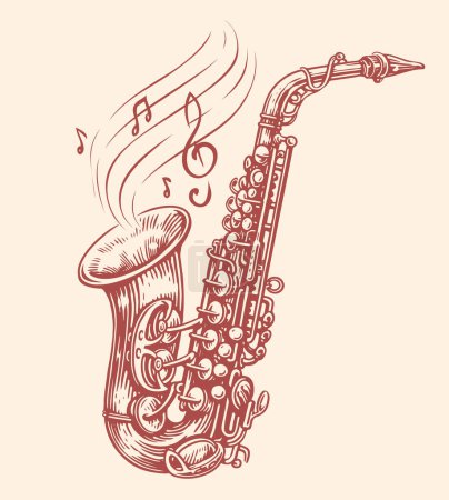 Téléchargez les illustrations : Saxophone avec notes de musique. Instrument de musique jazz, illustration vectorielle - en licence libre de droit