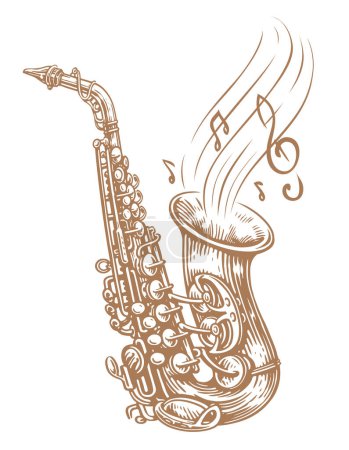 Illustration for Saxophone vector illustration. Hand drawn drawing of a wind musical instrument and musical notes - Royalty Free Image