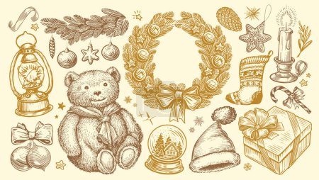 Ilustración de Feliz concepto de vacaciones. Ilustración dibujada a mano para la decoración de Navidad o Año Nuevo. Vector Vintage - Imagen libre de derechos
